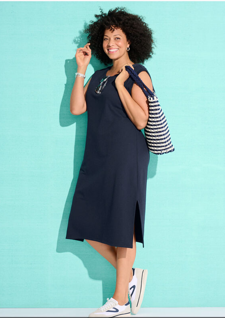 Talbots Plus 1X Seaside French Terry Midi Tee Shirt Dress Navy Blue Cap Sleeve